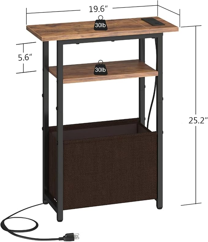 sthmec Narrow Side Table with Charging Station Set of 2, Small End Table for Small Spaces, Skinny Nightstands Set 2 with Storage Basket,Sofa Bedside Tables for Living Room,Bedroom, Rustic Brown