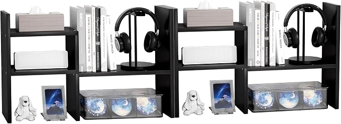 Jerry & Maggie Desktop Organizer Office Storage Rack Adjustable Wood Display Shelf 2 Shelves Free Style Rotation Display Natural Stand Black 2 Pack