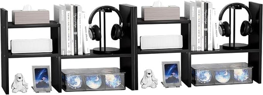 Jerry & Maggie Desktop Organizer Office Storage Rack Adjustable Wood Display Shelf 2 Shelves Free Style Rotation Display Natural Stand Black 2 Pack