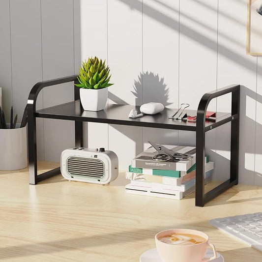 Office Desk Shelf Organizer, Wood Desktop Bookshelf Supplies Storage Rack, Shelf for Top Desk Dresser and Cubicle Decor Bookshelf Monitor Stand Riser (Black Black-single Tier, 15.75 Lx7.87 Wx8.46 H)