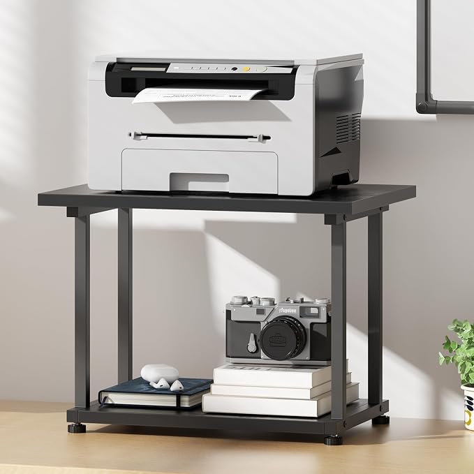 Asgolion Printer Table, 2-Tier Under Desk Printer Stand, Printer Stand with Wheels, Printer Shelf for Small Spaces, Printer Cart for Home Office Black