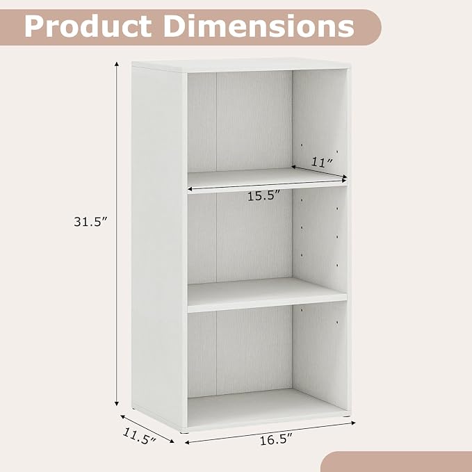 3 Shelf Bookshelf, 31.5” Small Bookcase with 2 Adjustable Shelves, Wooden Bookshelves and Bookcases, Modern Display Shelf, 3 Cube Storage Organizer for Home Office Bedroom (White)