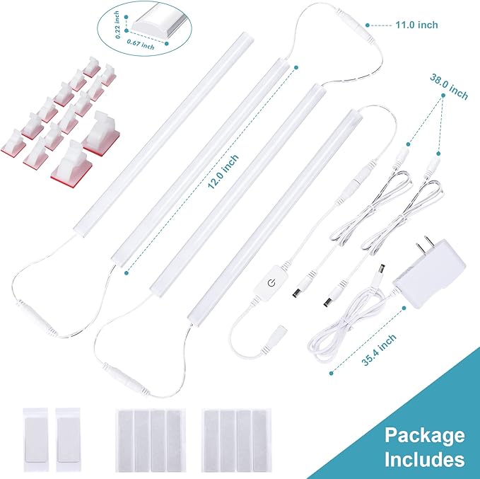 Under Cabinet Lights Plug-in Cold White 6000K, Dimmable LED Under Cabinet Lighting, 4pcs 12 Inch Under Counter Lights for Kitchen with Memory Function, LED Light Bar for Closet, Pantry, Workbench