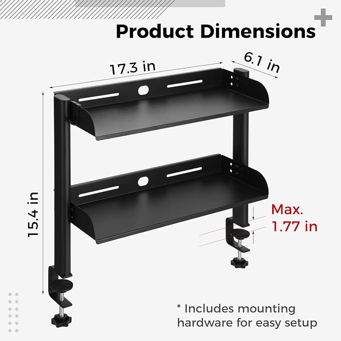 Clamp On Desk Shelf, 2-Tier Carbon Steel Storage Rack with Hooks, Adjustable Office Desk Organizer, No-Drilling C Clamp Desktop Shelf for Home, Office