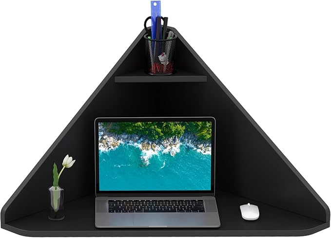 Giantex Corner Floating Desk, Wall Mounted Computer Desk with Storage Shelf, Space-Saving Writing Desk, Triangle Laptop Desk for Living Room, Study, Bedroom, Home Office & Small Spaces (Black)