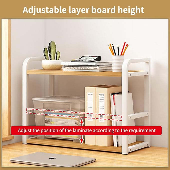 Office Desk Shelf Organizer, Wood Desktop Bookshelf Supplies Storage Rack, Shelf for Top of Desk and Dresser and Cubicle Decor Aesthetic Bookshelf (Black Black-Two Tier)