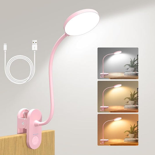 Rechargeable LED Desk Lamp with Clamp, Portable Clip on Light with 3 Color & 10 Brightness, Cordless Desk Light for Makeup Home Office Book Reading Crafting Sewing Drawing Knitting Puzzle (Pink/4.7'')