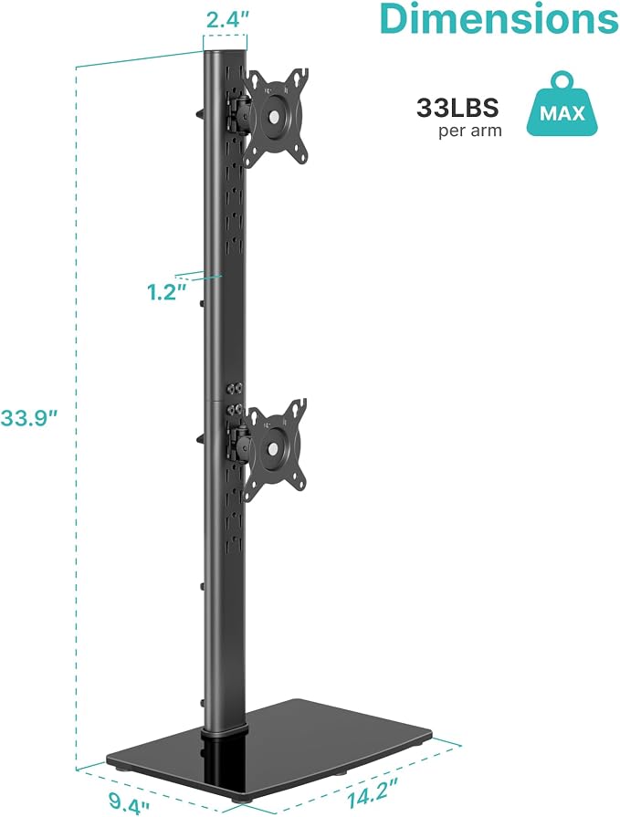 Pegzone Vertical Dual Monitor Stand for 17–34 Inch Screens, Stacked Monitor Mount, Holds up to 33 lbs per Arm, Tabletop Screens Riser with Full Motion, 33.3" Pole 12 Height Settings, 75/100 VESA
