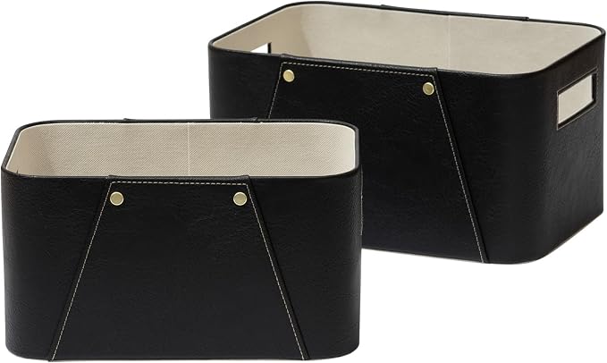 La Jolie Maison Storage Baskets for Organizing, 2 Pack, Luxury Vegan Leather Storage Cube Boxes for Closet Shelf Cabinet Bookcase, Carbon Black