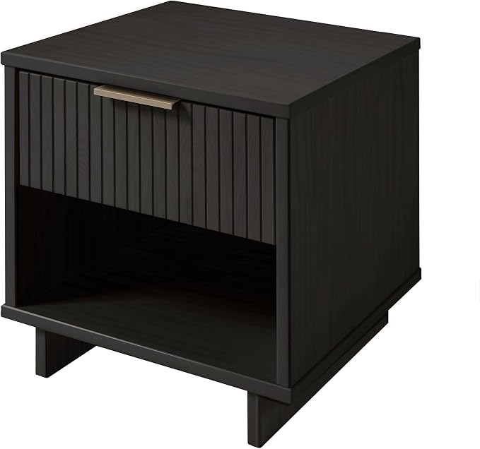Manhattan Comfort Granville 1-Drawer Nightstand Set of 2, Modern Glam Bedside Table with Ribbed Design and Gold Handles, Ideal for Living Room and Bedroom Use, Dark Grey