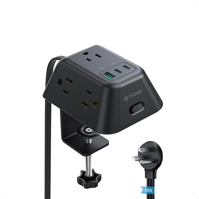 TROND USB C PD 20W Desk Clamp Power Strip, Desktop Surge Protector with 5 AC Outlets, 2 USB C Charging Station, Fit 1.97in Tabletop Edge Thick, 10ft Extension Cord for Home Office Accessories, Black