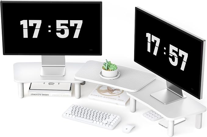 AFOOYO Dual Monitor Stand For Desk,Adjustable Height Long Wood Computer Riser For Computer,Laptop,Printer,TV,White