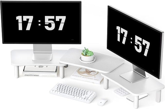 AFOOYO Dual Monitor Stand For Desk,Adjustable Height Long Wood Computer Riser For Computer,Laptop,Printer,TV,White