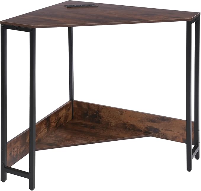 Corner Computer Desk, 26.77 Inch Triangle Small Space Desk with Outlets and Power Cord, Modern Writing Workstation, Corner Storage Table for Office, Home, Design Studio, Study Room (Brown)
