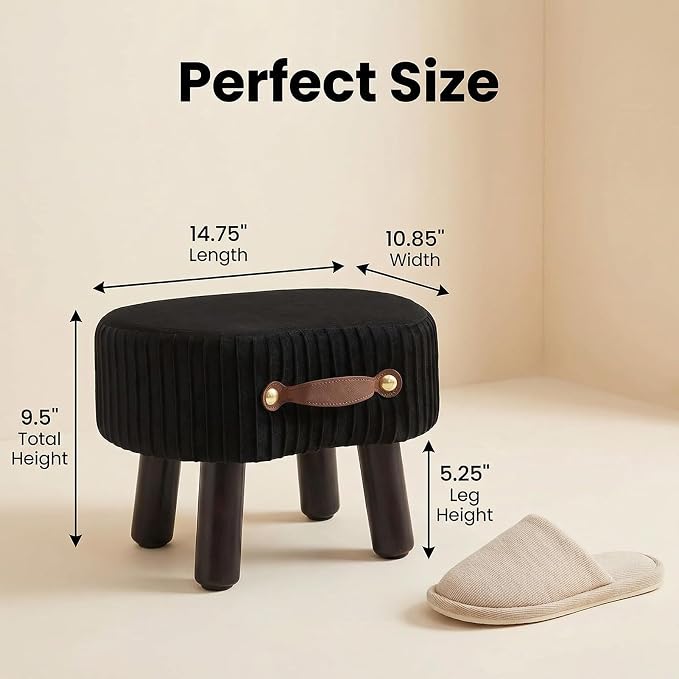 Foot Stools Ottoman with Handle Small Foot Stool Footrest Ottomon | Velvet Footstool Ottoman with Padded Seat, Curved Foot Rest Stool with Wooden Legs for Living Room, Entrywa（Black）