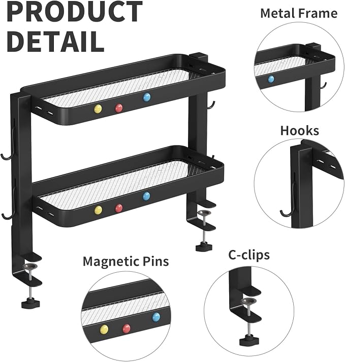 Clamp-On Desk Shelf Organizer, Adjustable 2-Tier Metal Desk Side Storage Rack with 4 Hooks, Space-Saving Desktop Caddy for Home Office, Stationery & Office Supplies (Black)