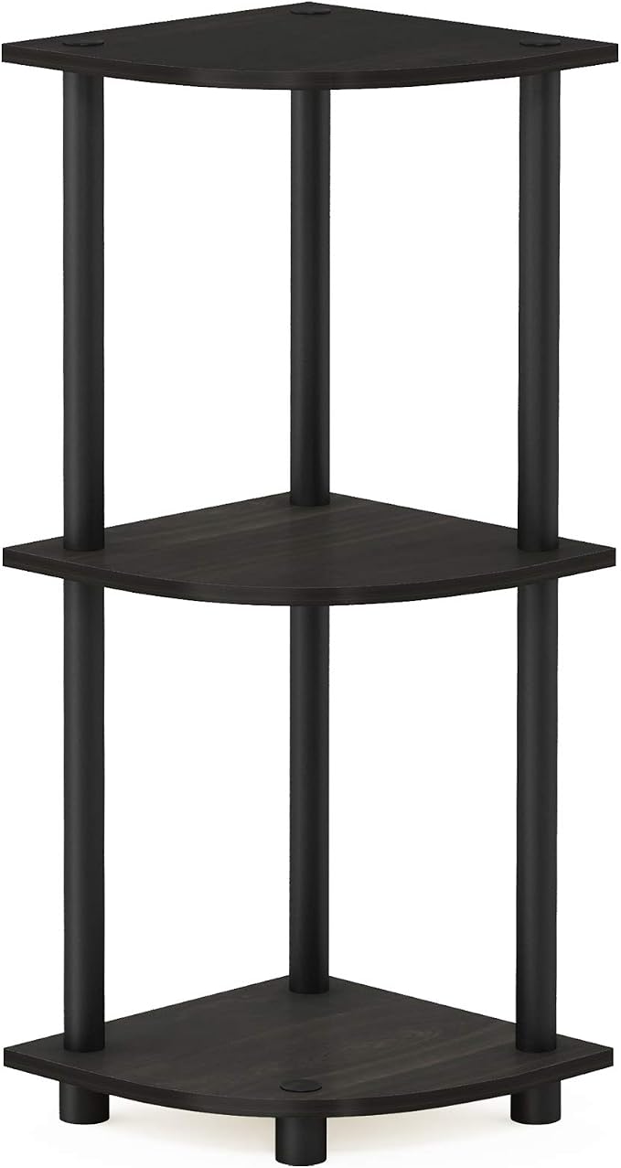 Furinno Turn-N-Tube Toolless Assembly 3-Tier Corner Shelf, Black Corner Book Shelf, Open Shelves Bookshelf, for Organization and Storage, Living Room, Home Office, Bedroom, Black Espresso