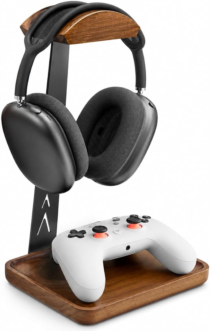 GEVO Headphone Stand, Walnut Wood Headset Stand with Storage Base, Gaming Equipment Accessories for Husband, Teens, Boyfriends, Brothers, and Gamers (Walnut-1)