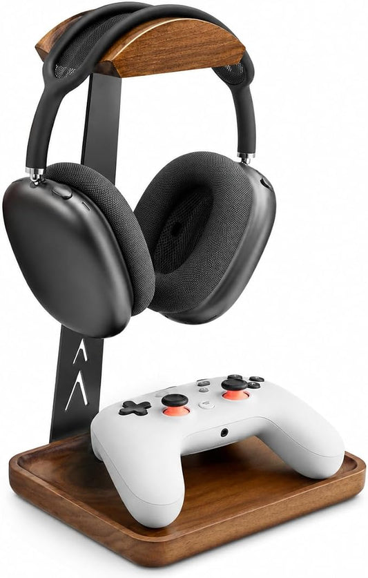 GEVO Headphone Stand, Walnut Wood Headset Stand with Storage Base, Gaming Equipment Accessories for Husband, Teens, Boyfriends, Brothers, and Gamers (Walnut-1)