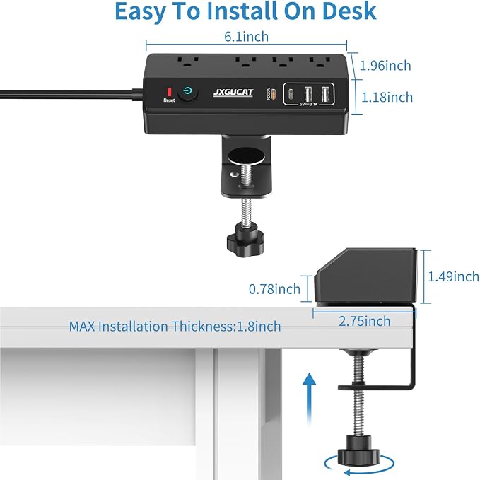 Desk Clamp Power Strip 10FT with PD 20W Fast Charging USB C, JXGUCAT Desktop Mount Power Strip Surge Protector, Removable Extension Cord with 4 Outlets 4 USB Ports, Fit 1.8" Tabletop Edge, Black