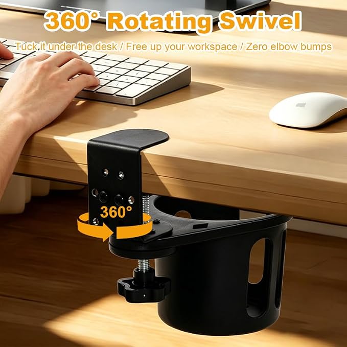 Deep Cup Holder Desk Clamp, Anti-Spill Clip On Table Drink Holder for 40oz Mug & Water Bottle, 3.15" Large Metal Mount Attachment, 360° Rotating Gaming Desk Accessories