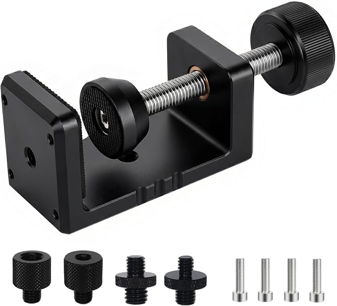 Heavy Duty C Clamp & Desk Clamp, Aluminum Alloy Table Mount with 1/4" & 3/8" Camera Tripod Adapter, Wide Jaw Design for Desk, Shelf, Camera Mount, Woodworking & Workbench (Black)