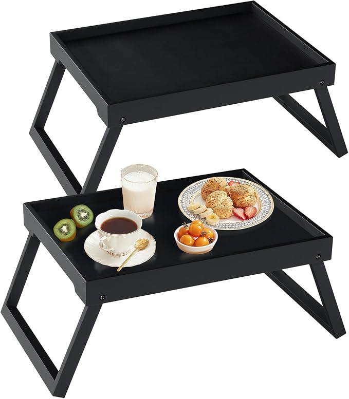 RRX Bamboo Bed Tray Table with Folding Legs, Breakfast Tray, 2 Pack (Black) | Bed Trays for Folding Table Eating, Kitchen Serving, Food, Sofa, Snacking or Working, Laptop Desk Dinner, Snack Tray