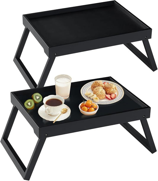 RRX Bamboo Bed Tray Table with Folding Legs, Breakfast Tray, 2 Pack (Black) | Bed Trays for Folding Table Eating, Kitchen Serving, Food, Sofa, Snacking or Working, Laptop Desk Dinner, Snack Tray