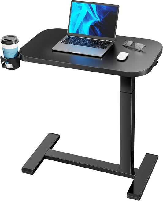 HUANUO 28Inch Bedside Table with Wheels, Height-Adjustable Rolling Computer Cart, Overbed Table with Cup Holder, Pneumatic Laptop Standing Desk for Home Office, Black