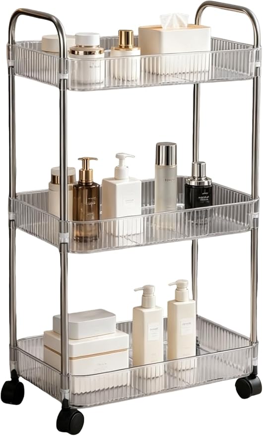 Sooyee Clear 3-Tier Plastic Rolling Utility Cart with Wheels, Multi-Functional Storage Trolley for Office, Living Room, Kitchen, Movable Storage Organizer with Wheels