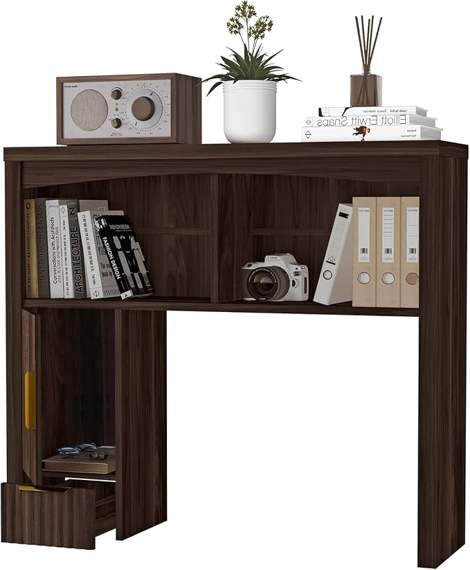 Desktop Shelf, Wooden Desk Hutch with Storage, Desktop Bookshelf with Cabinet and Drawer, Office Desk Organizer, Space-Saving Organization, Over Desk Storage Shelves for Home, Dorm, Walnut