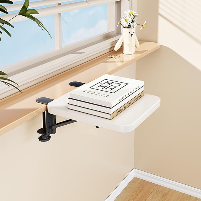 Foldable Small Window Sill Extender Clamp, Removable Desk Extension Shelf, Compact Countertop for Work & Study, Space-Saving Organizer White 17.5x25cm(6 7/8x9 7/8")
