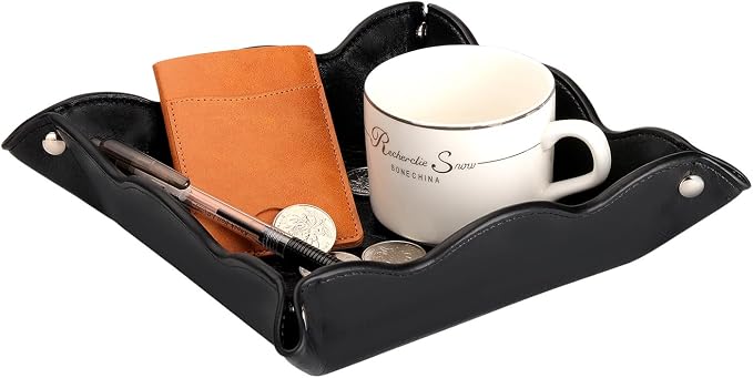 Valet Tray for Men Women 2 Pack - PU Leather Travel Catchall Tray Organizer - Desk Bedside Nightstand Storage Box for Jewelry Key Phone Remote Controller Wallet Readers -White and Black