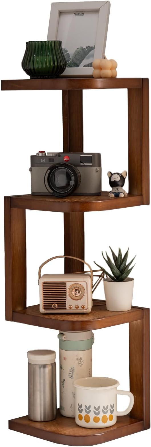 Corner Shelf Stand Desk Organizer,26.8" H Rubberwood Brown Rack for Small Spaces, Bedroom,Home Office,Kitchen,Bathroom (Walnut, 4 Tier)