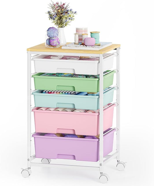 SYKIARIOL 5-Tier Rolling Utility Storage Drawer Craft Cart on Wheels with Wooden Tabletop, Mobile Craft Storage Drawer Cart Trolley for Home Office, Classroom, Craft Room & Kid Room, Ice Cream
