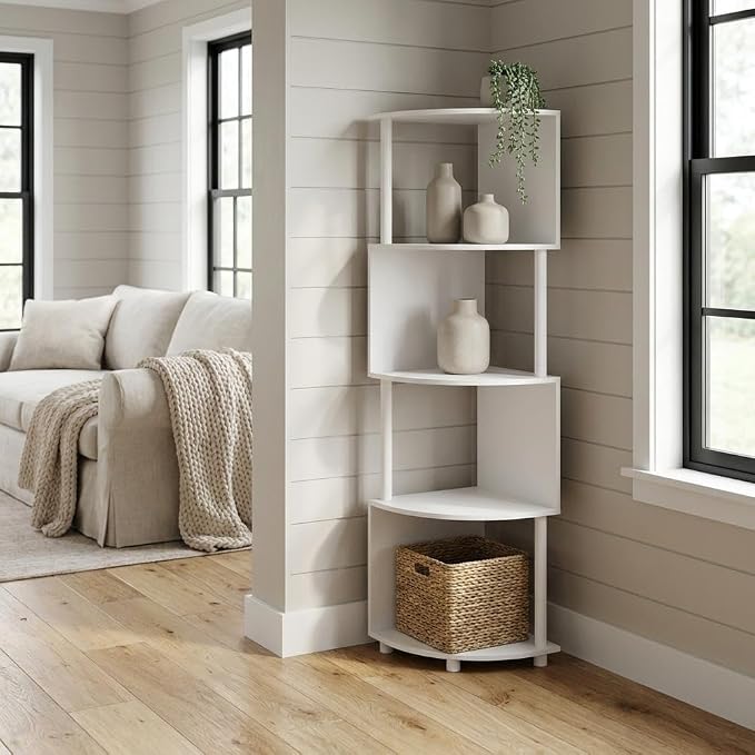 Furnifact White White 4-Tier Zigzag Corner Shelf Bookcase, Space-Saving Modern Design, Sturdy Wooden Construction, Ideal for Living Room and Office Storage