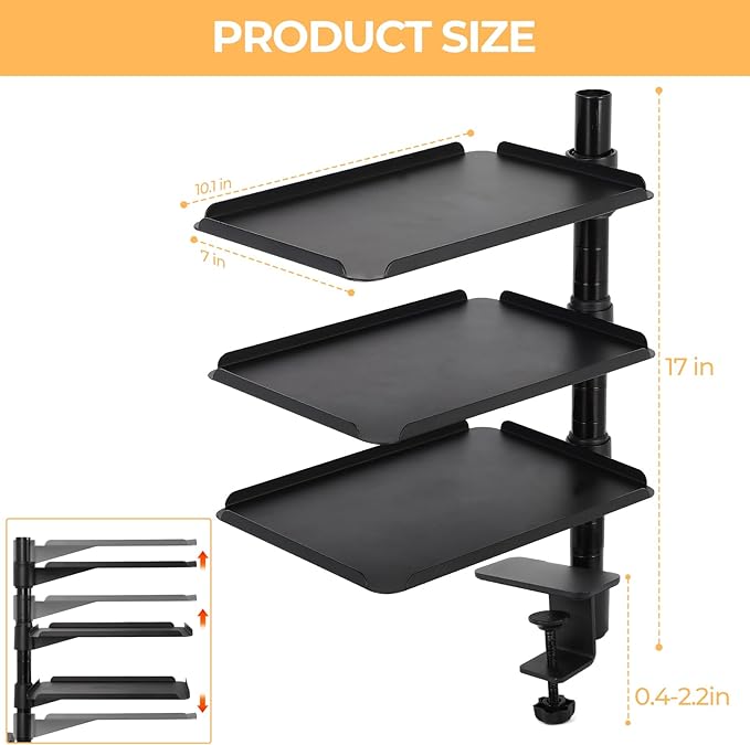 Desk Extender, 3 Tier Desk Clamp Shelf, Adjustable Clamp on Desk Shelf | 360° Rotatable & Height Adjustable, Suitable for Study, Office, Kitchen & Game Room, Max Desktop Thickness 2.2 Inches