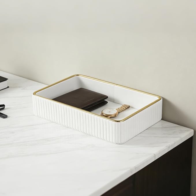 PU Leather Valet Tray,Desk Organizer Tray Nightstand Organizer Trinket Dish Storage Key Bowl Decorative Trays for Phone Wallet Jewelry Watch,Bathroom Bedroom Perfume Vanity Trays,Cream