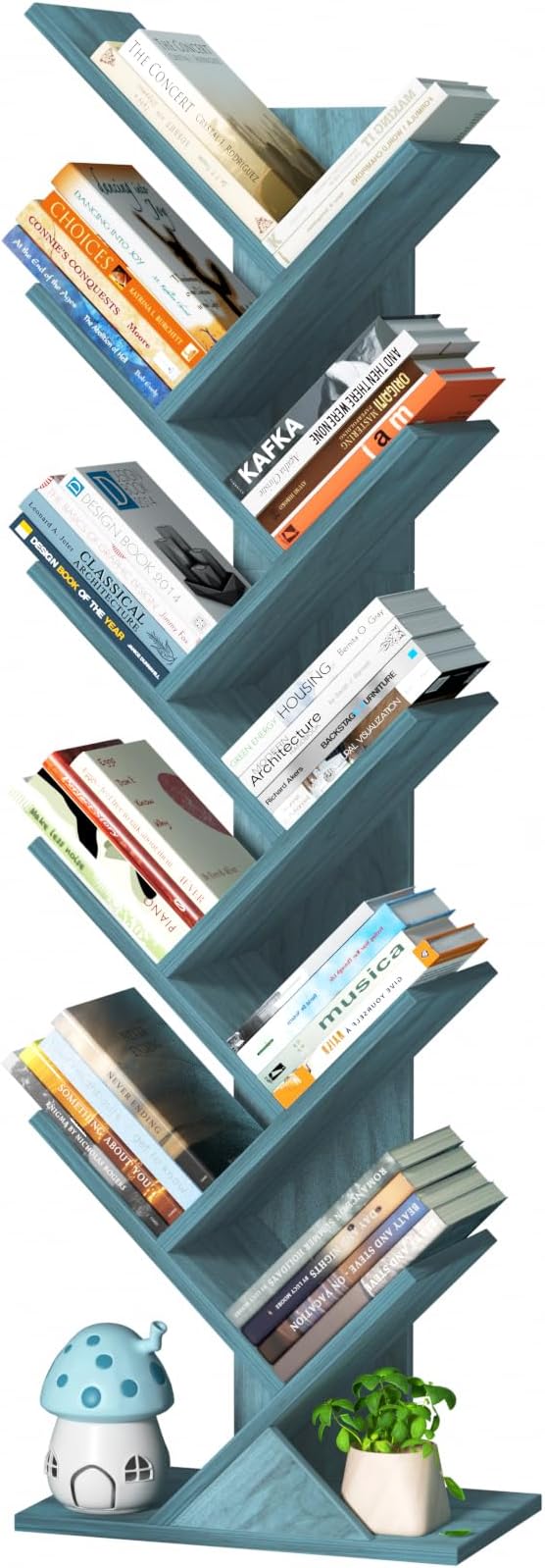 SHEEPAM 10 Tier Tree Book Shelf, Floor Standing Wood Bookshelf for Narrow Space, Storage Organizer Bookshelves for Books/CDs/Magazine, Bookcase with Shelves for Home Office, Living Room - Blue