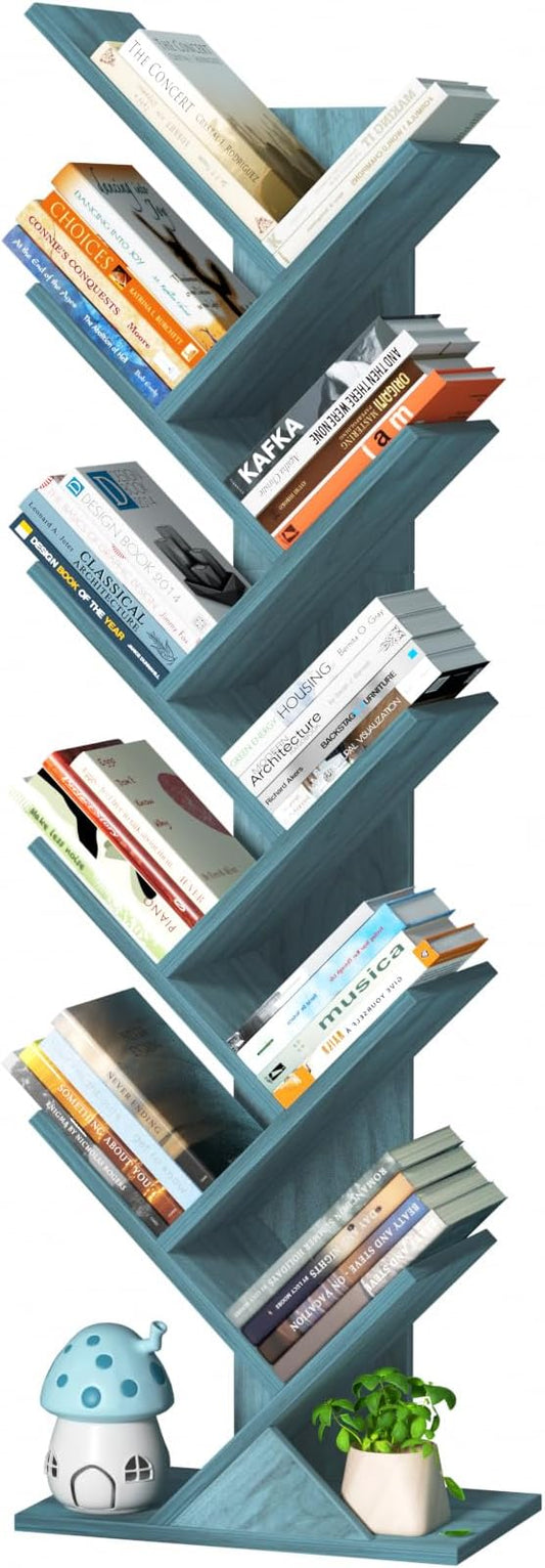 SHEEPAM 10 Tier Tree Book Shelf, Floor Standing Wood Bookshelf for Narrow Space, Storage Organizer Bookshelves for Books/CDs/Magazine, Bookcase with Shelves for Home Office, Living Room - Blue