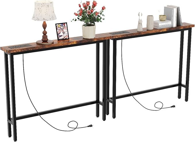 VINGLI 79" Console Table with Power Outlet, 5.9" Narrow Sofa Table Set of 2, Entryway Table with Charging Station & 4.9 Ft Extension Cord & Adjustable Feet, for Living Room, Hallway, Rustic Brown