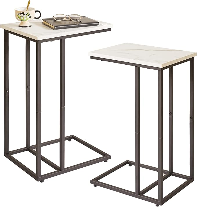 Aibiju C-Shaped Side Table Small End Table, Slide Under Laptop Desk for Couch, Living Room Side Table Set of 2, TV Trays for Eating on Couch, Faux Marble and Black YD-TM051B-2