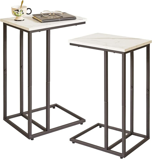 Aibiju C-Shaped Side Table Small End Table, Slide Under Laptop Desk for Couch, Living Room Side Table Set of 2, TV Trays for Eating on Couch, Faux Marble and Black YD-TM051B-2