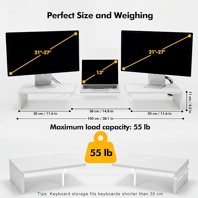 Dual Monitor Riser, Acrylic Monitor Riser with Keyboard Storage, Adjustable Angle & Length Computer Monitor Stand, Wide Desk Shelf for Top of Desk for Home Office_White Maple Look