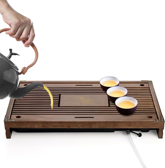 Eorbow Wooden Tea Tray, 17 Inch Chinese Kung Fu Tea Tray, Gongfu Tea Table with Water Storage Box, Household Filter Tea Serving Tray Gift Set for Home, Office, Bar