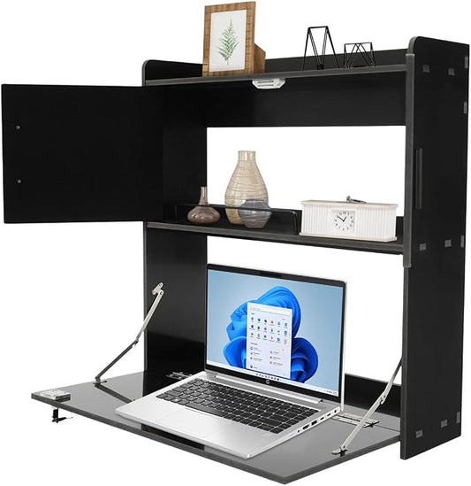 Wall Mounted Desk Cabinet, Foldinng Floating Wall Mount Laptop Desk, Space Saving Wall-Mounted Table with Storage Drawer & Shelves for Home Office School (Black)