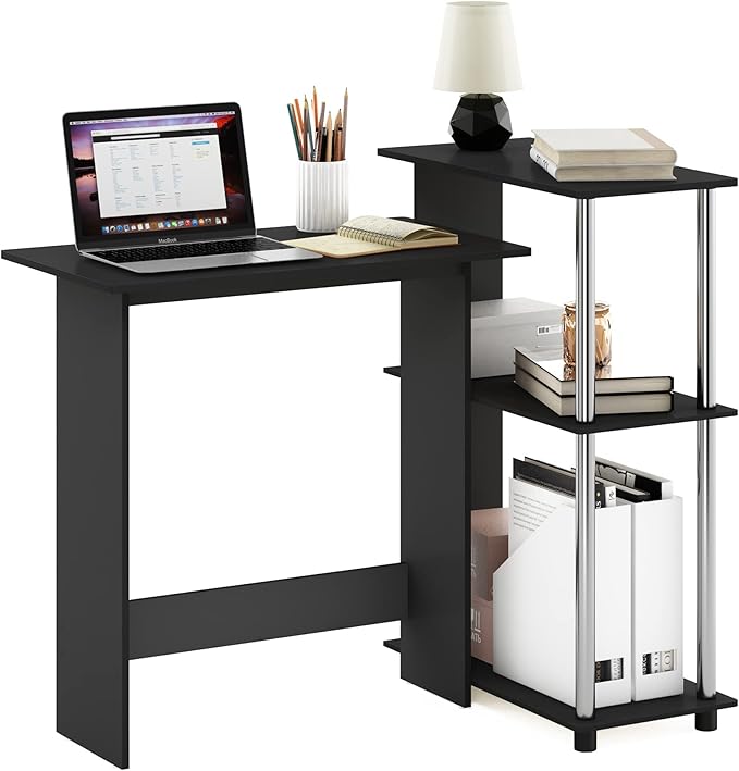 Furinno Abbott Corner Computer Desk with Bookshelf, Americano/Chrome