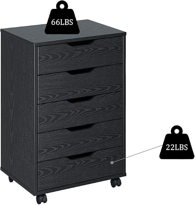 Panana 5/7 Drawer Mobile File Cabinet, Wooden Under Desk Storage with Wheels Office Organization Vertical Filing Chest of Drawers for Home Office (Black, 5 Drawer)