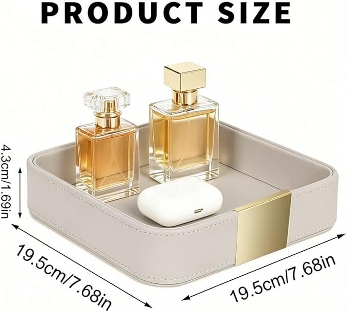 SANZIE Luxury Leather Desktop Storage Small Catchall Organizer Decorative Tray for Entryway Table to Hold Jewelry Watch Cosmetics Keys Phone Wallet, Home & Office Accessories (Metal Gilded, Grey)