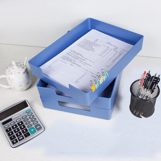 Letter-Size Tray, 2 PCS A4 Plastic Stackable Paper Tray, Desk Drawer Organizer for Office, School, Home Storage (2X Blue)